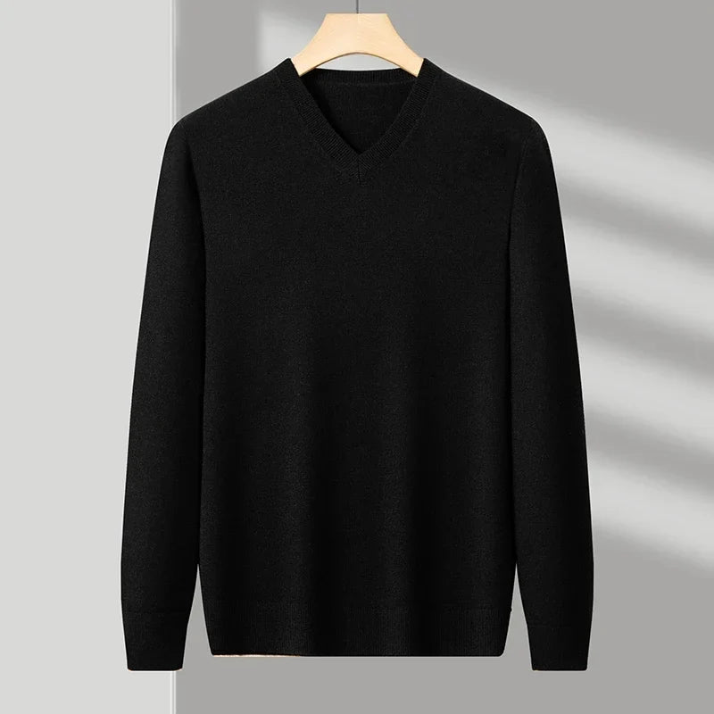 Men's Classic V-Neck Pullover Sweater with Ribbed Trim in Black, front view on a hanger