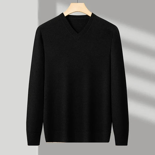 Men's Classic V-Neck Pullover Sweater with Ribbed Trim in Black, front view on a hanger