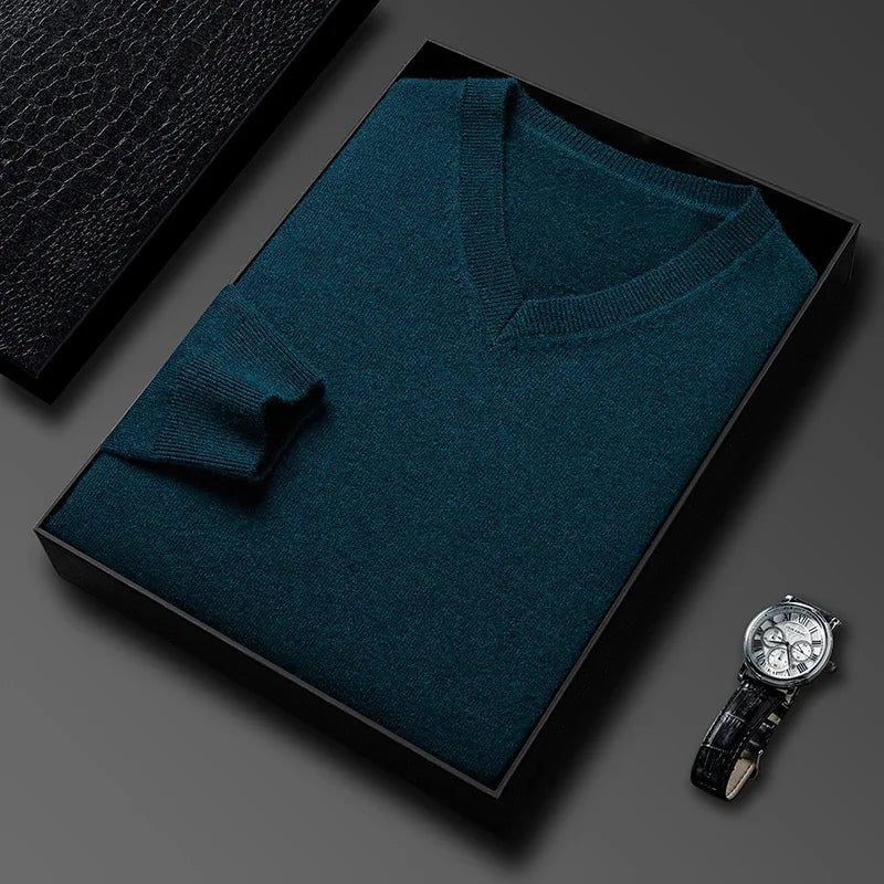 Men's Classic V-Neck Pullover Sweater with Ribbed Trim in Blue, folded in a gift box