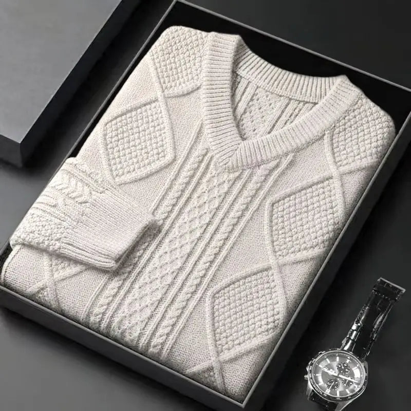 Men's Cable Knit V-Neck Sweater with Diamond Pattern, product view