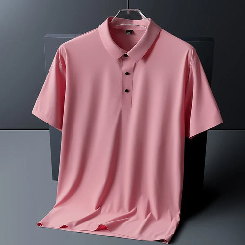 Men's short sleeve polo shirt in pink with classic collar and three-button placket