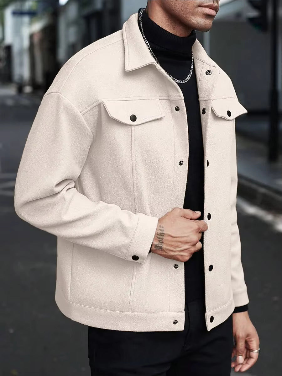 Side view of white button-up trucker jacket