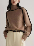 Women's Ribbed Turtleneck Sweater with Contrast Piping in Coffee, worn with cream trousers