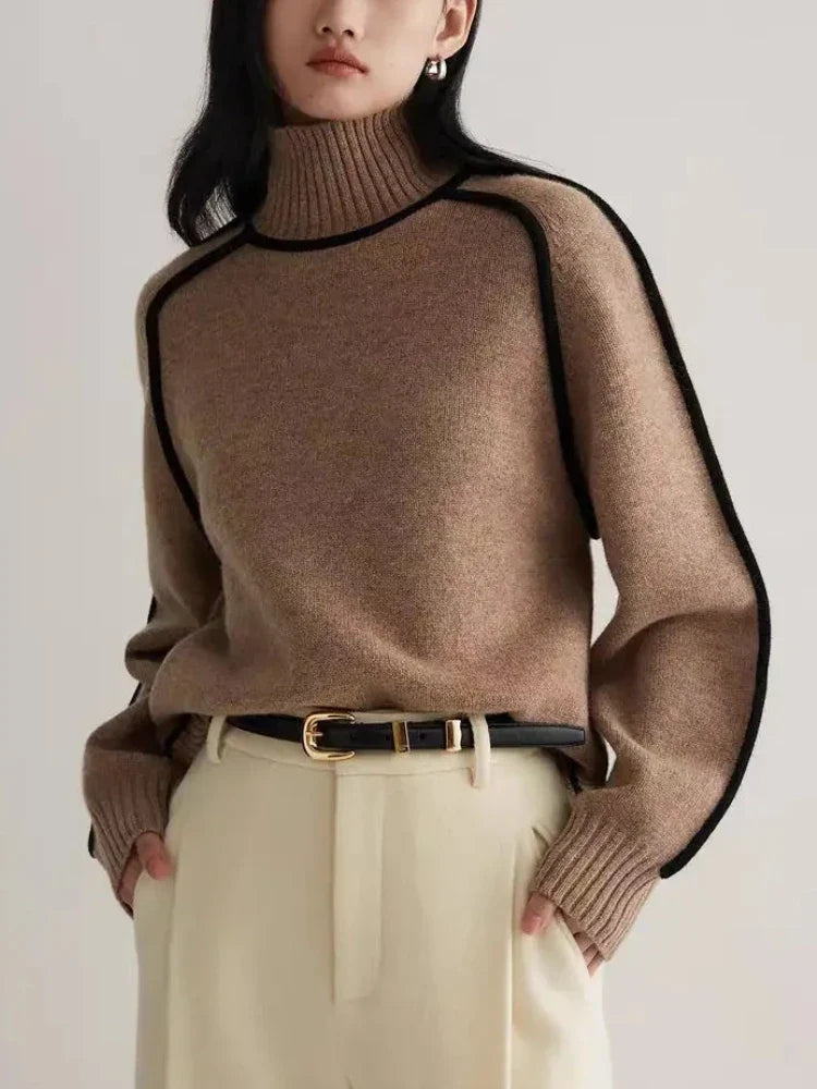 Women's Ribbed Turtleneck Sweater with Contrast Piping in Coffee, worn with cream trousers