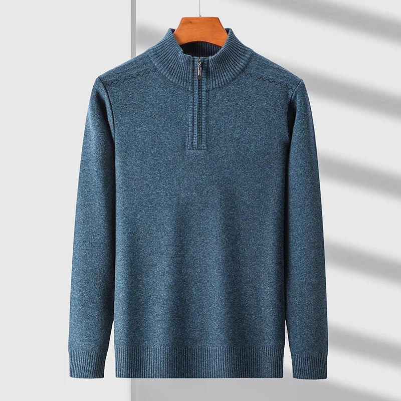 Men's Quarter-Zip Sweater with Ribbed Stand Collar in Blue, front view on a hanger