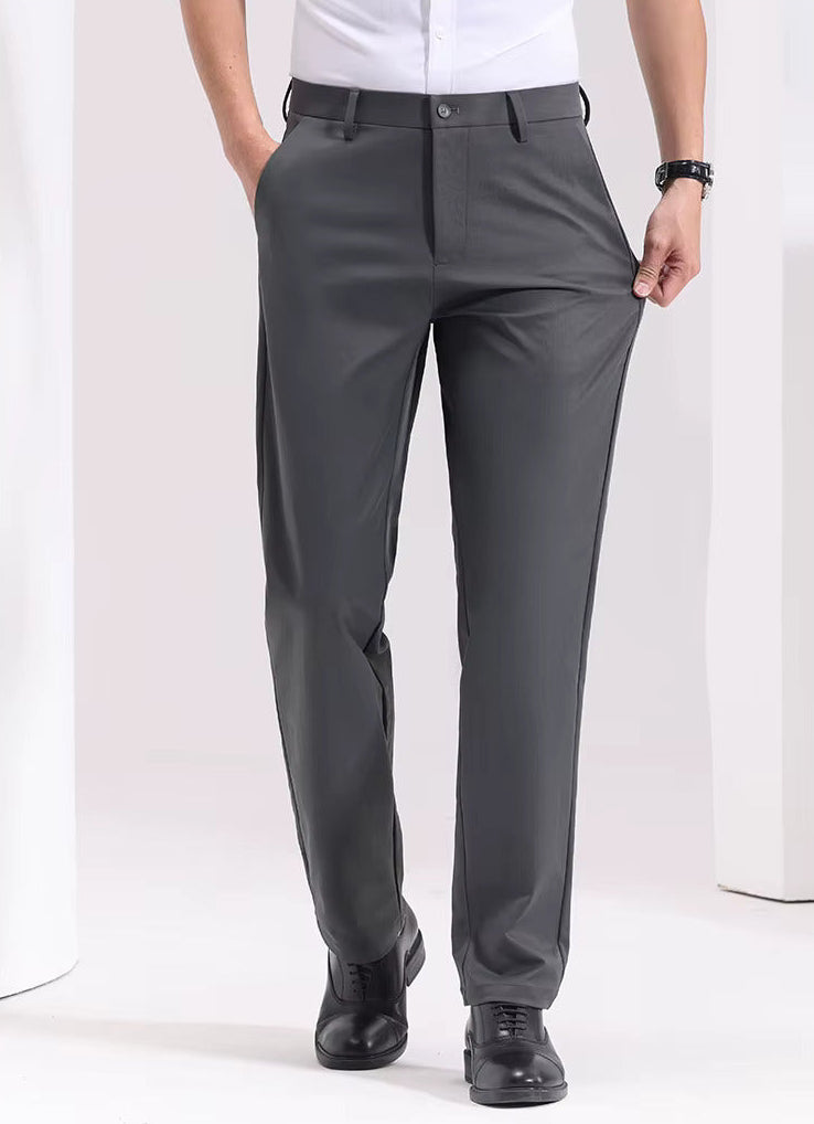 Front view of gray straight-leg dress pants