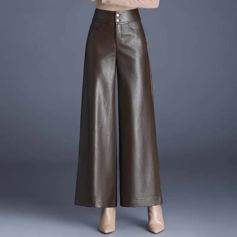 Women's high-rise cropped wide-leg leather-look pants in coffee brown