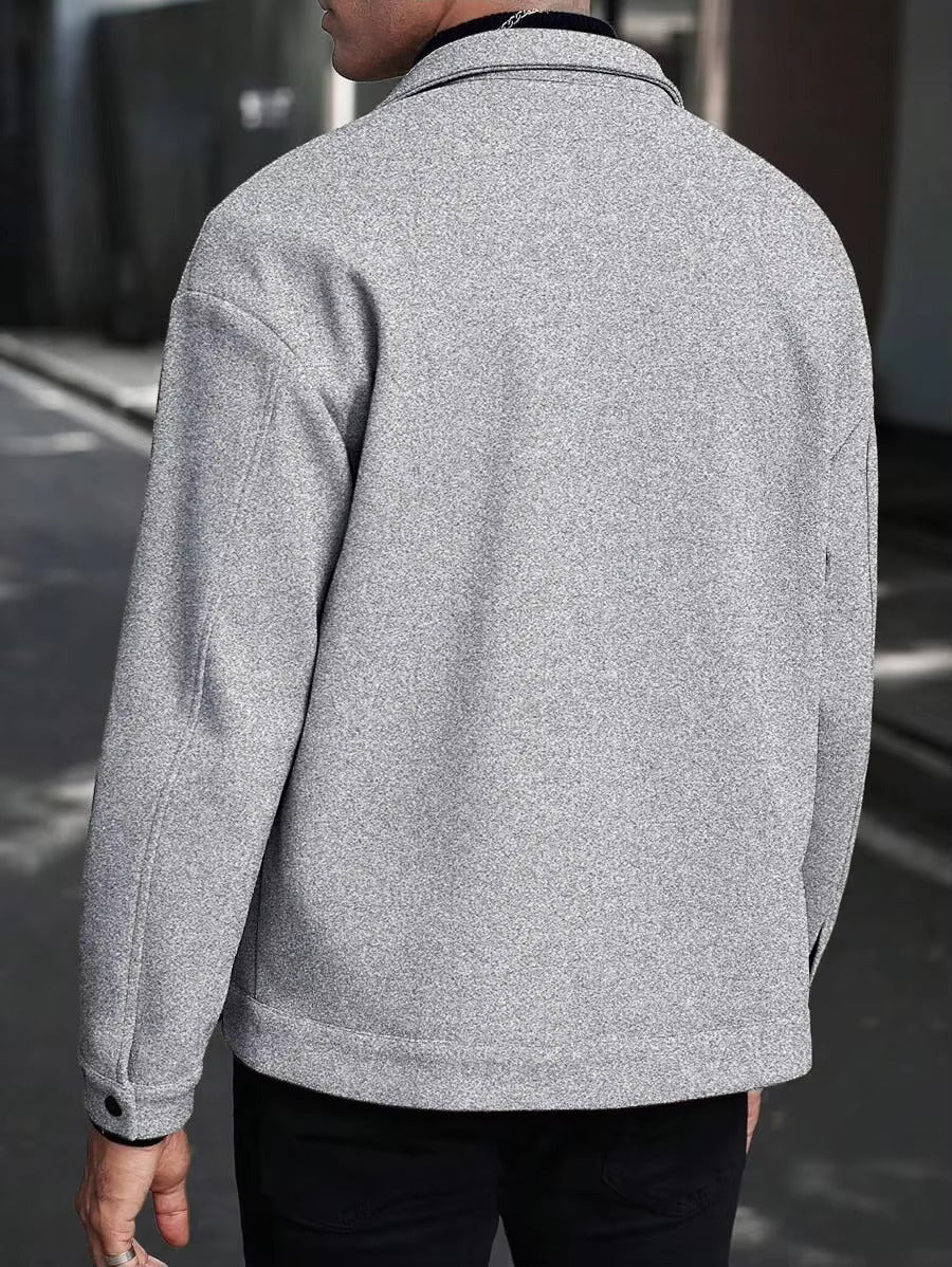 Back view of men's gray trucker jacket