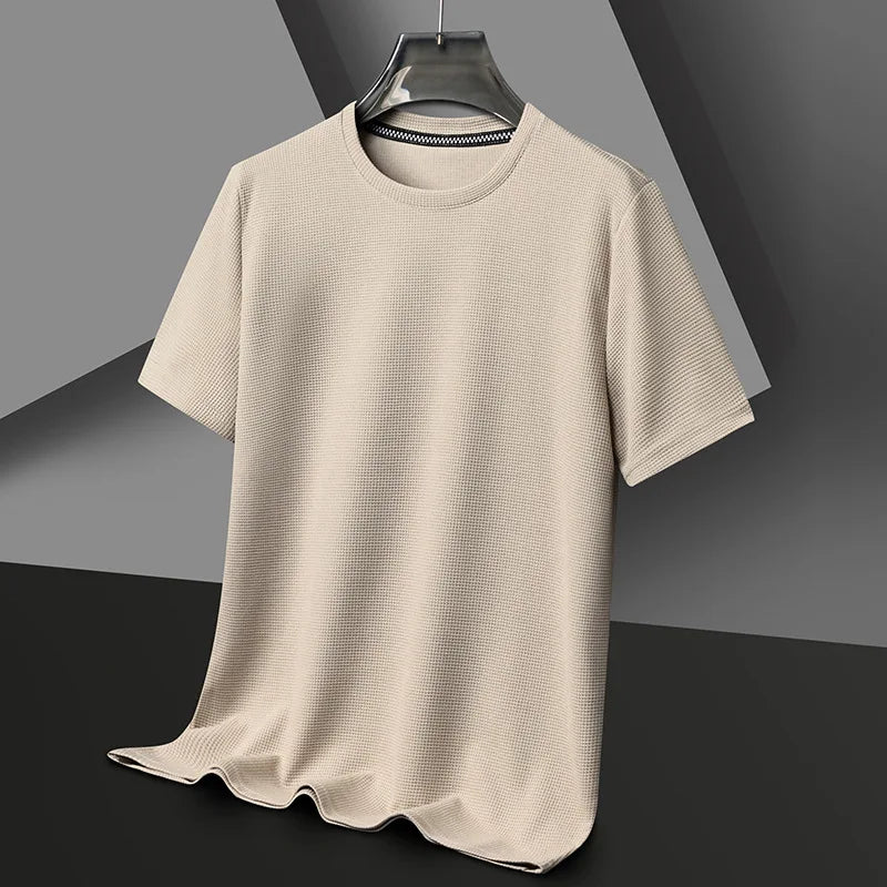 Men's Waffle Knit Crewneck T-Shirt with Short Sleeves in Beige, front view on a hanger