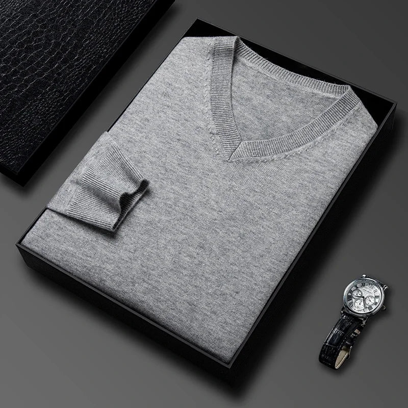Men's Classic V-Neck Pullover Sweater with Ribbed Trim in Gray, folded in a gift box