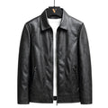 Men's black zip-up leather jacket over a white shirt, front view
