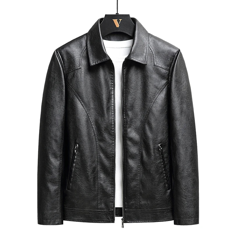 Men's black zip-up leather jacket over a white shirt, front view
