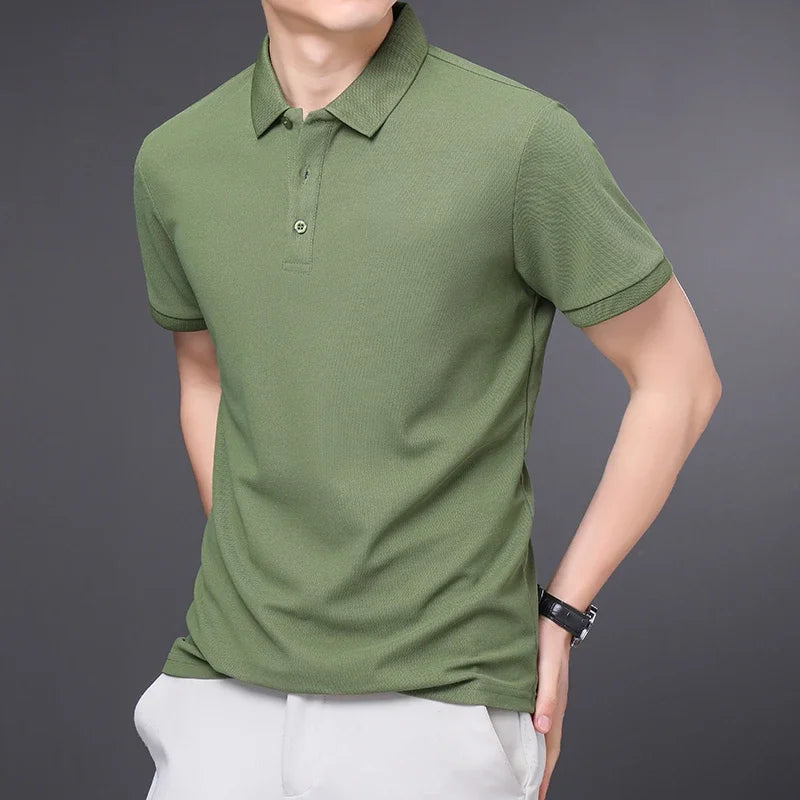 Man wearing a green textured knit polo shirt with a three-button placket
