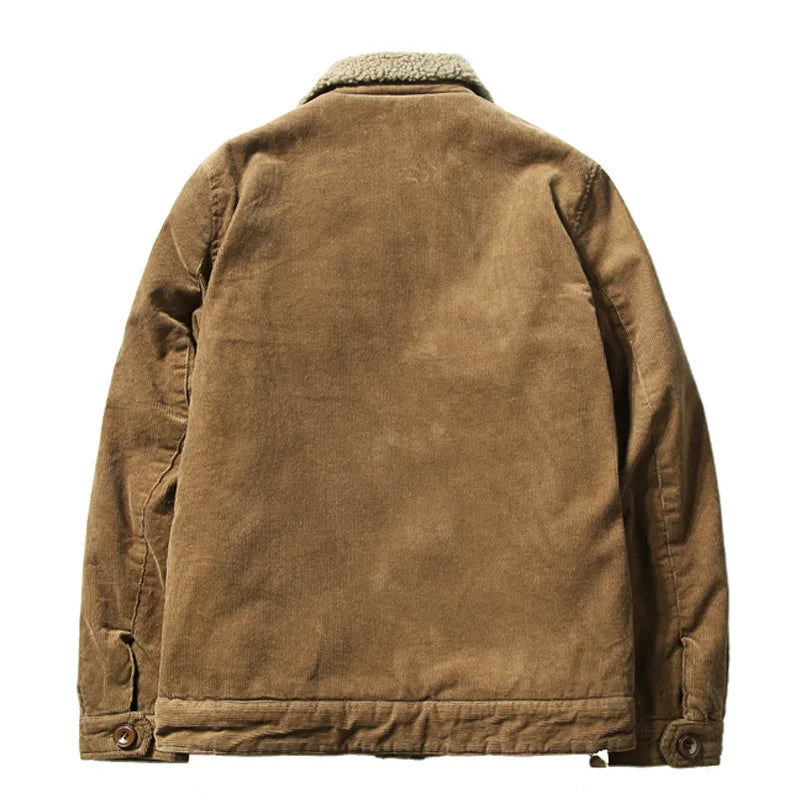 Back view of men's coffee brown corduroy jacket with sherpa collar