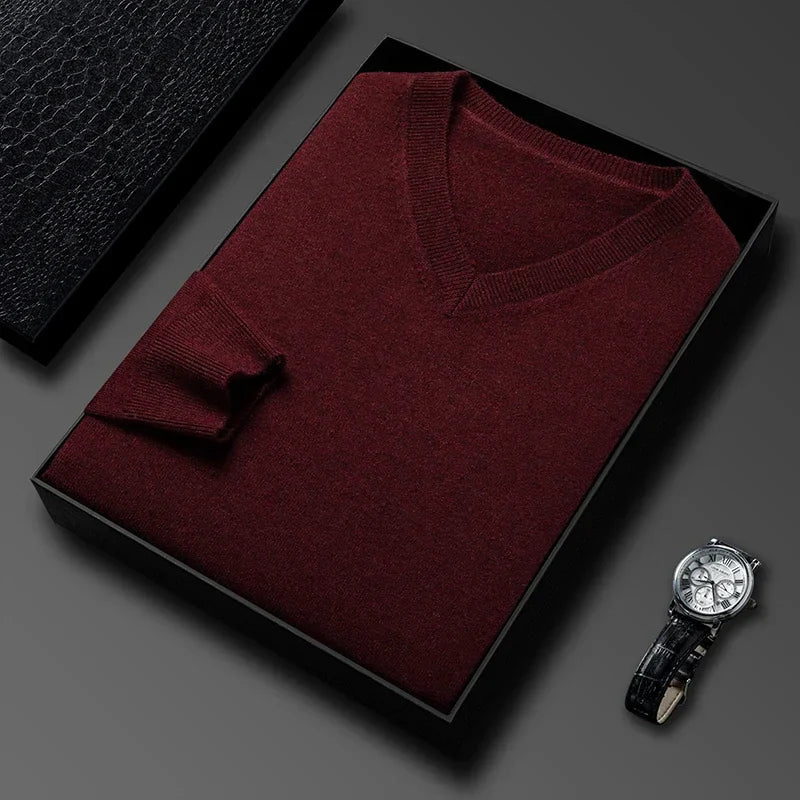 Men's Classic V-Neck Pullover Sweater with Ribbed Trim in Red, folded in a gift box