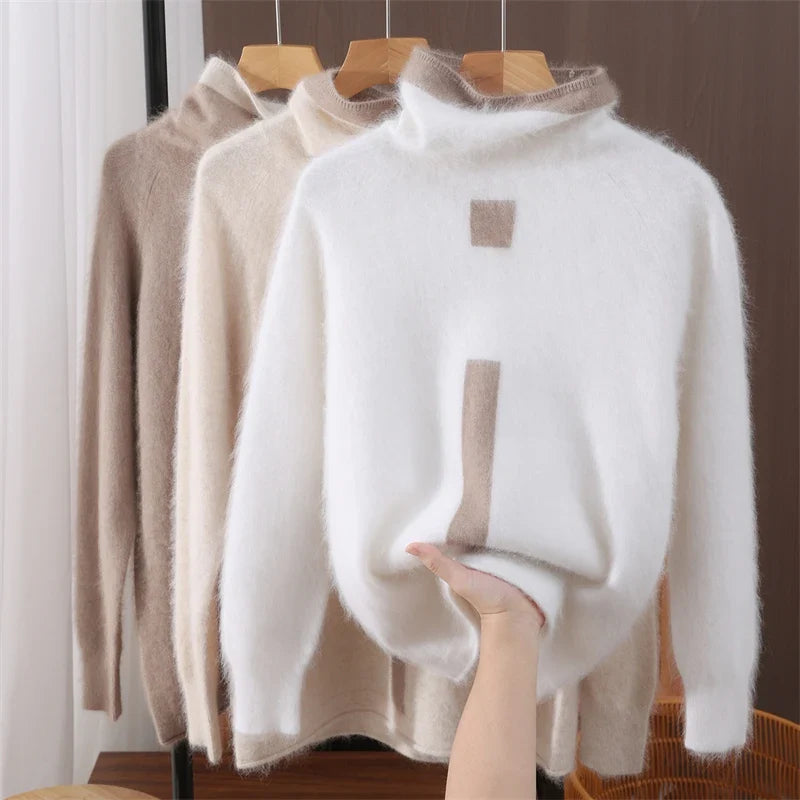 Women's Fuzzy Knit Turtleneck Sweater with Contrast Stripe Detail, all three colors on hangers