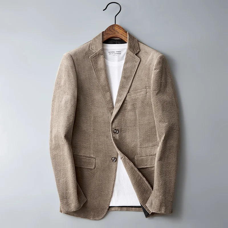 Men's khaki corduroy sport coat with flap pockets and notch lapels