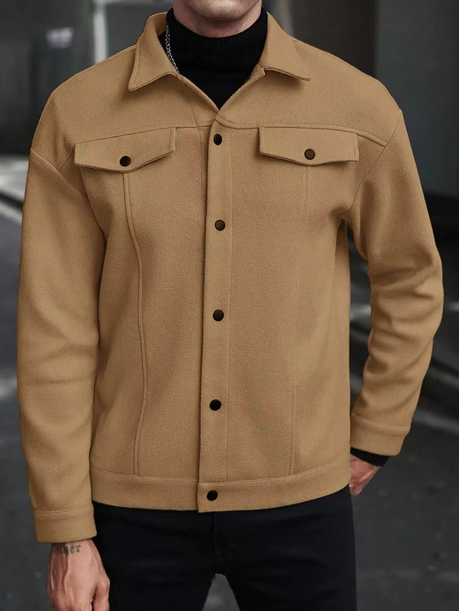 Front view of men's brown button-up trucker jacket