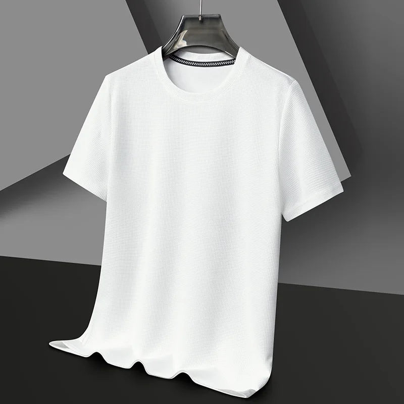 Men's Waffle Knit Crewneck T-Shirt with Short Sleeves in White, front view on a hanger