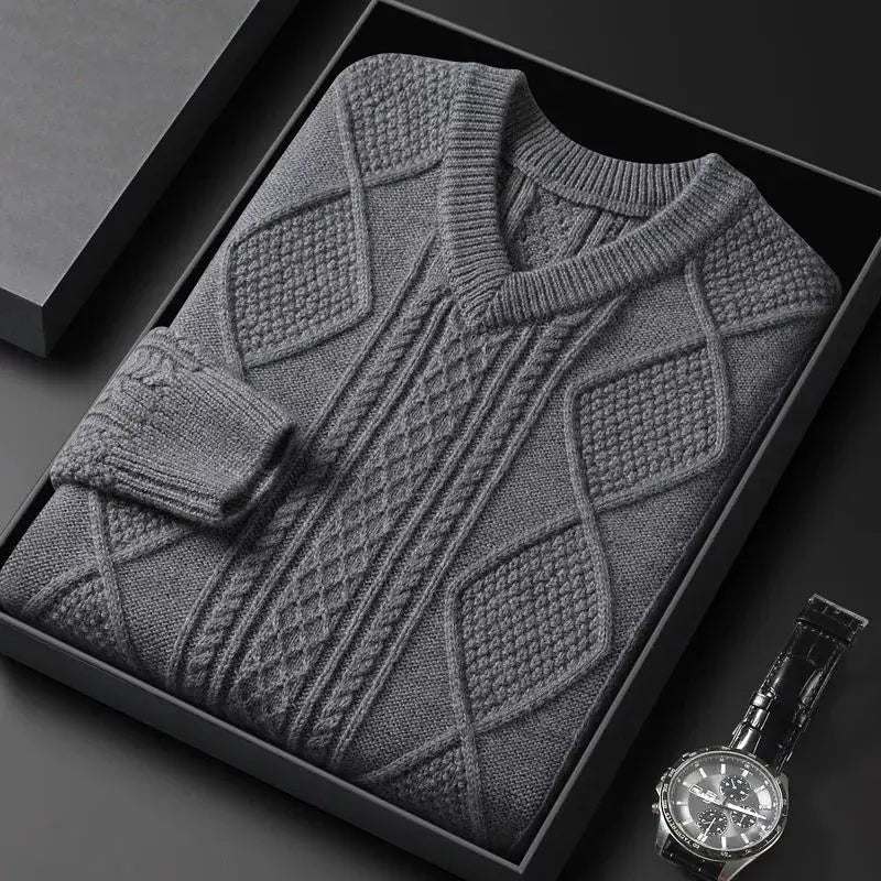 Men's Cable Knit V-Neck Sweater with Diamond Pattern, product view