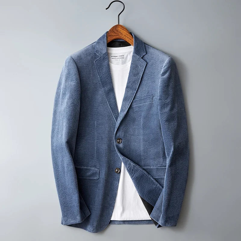 Men's light blue corduroy sport coat with notch lapels and flap pockets