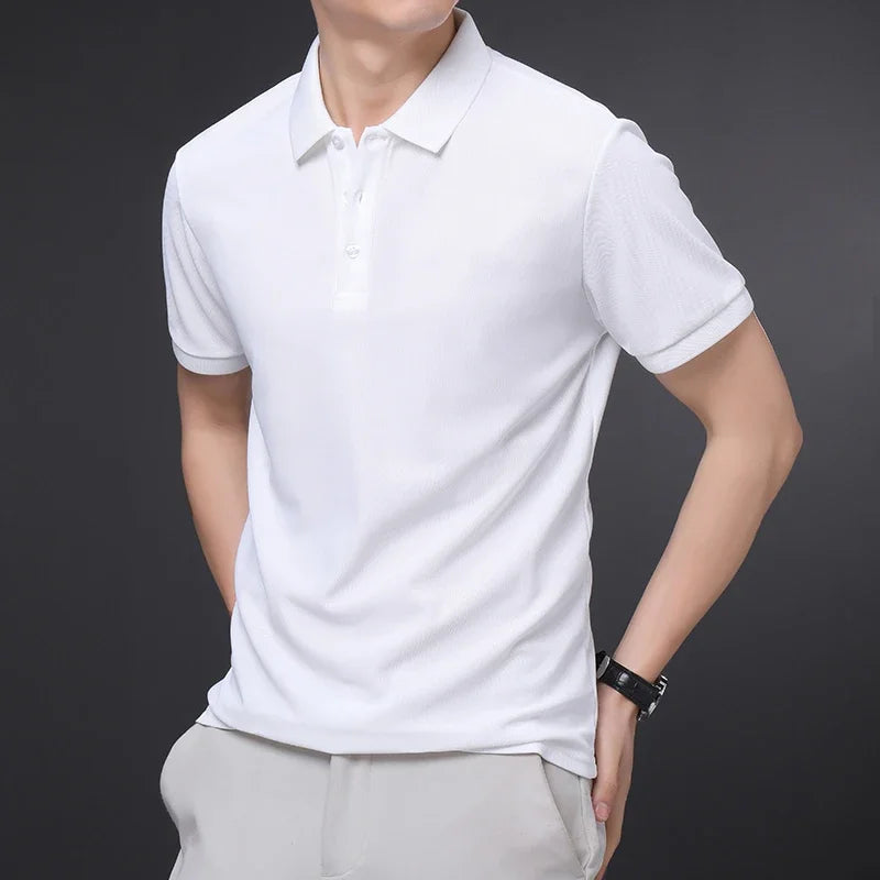Man wearing a white textured knit polo shirt with a three-button placket