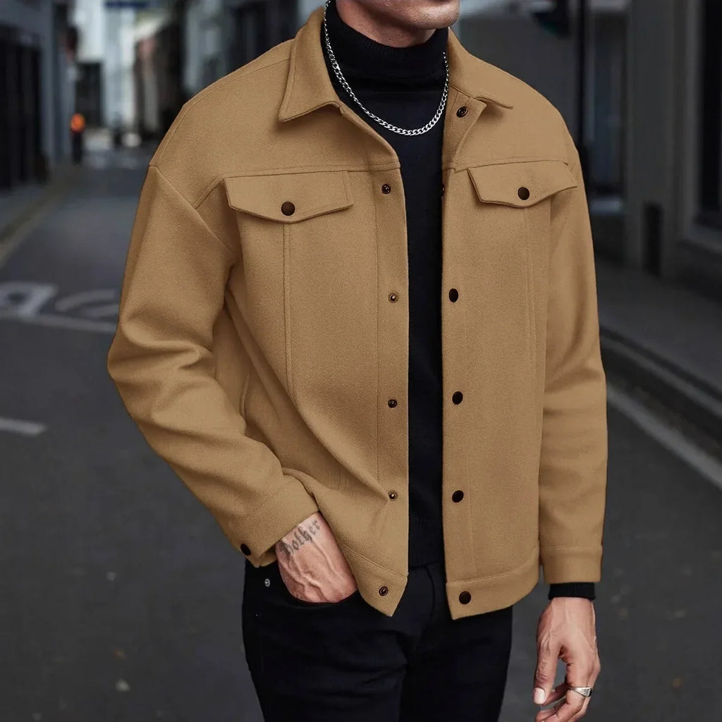 Men's brown button-up trucker jacket with chest flap pockets