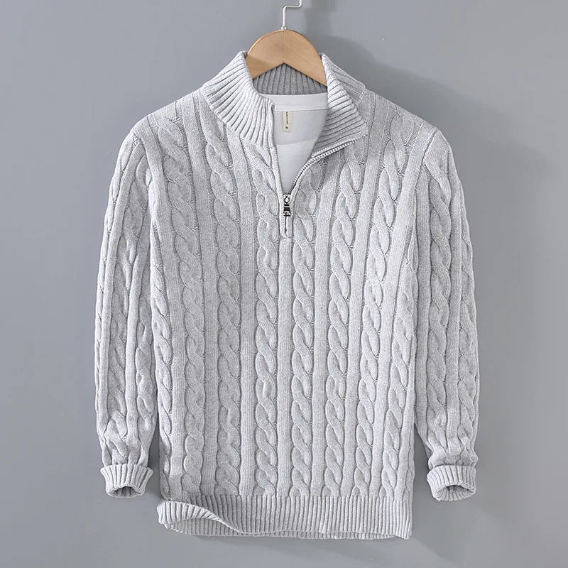 Men's cable knit half-zip sweater in gray with ribbed stand collar