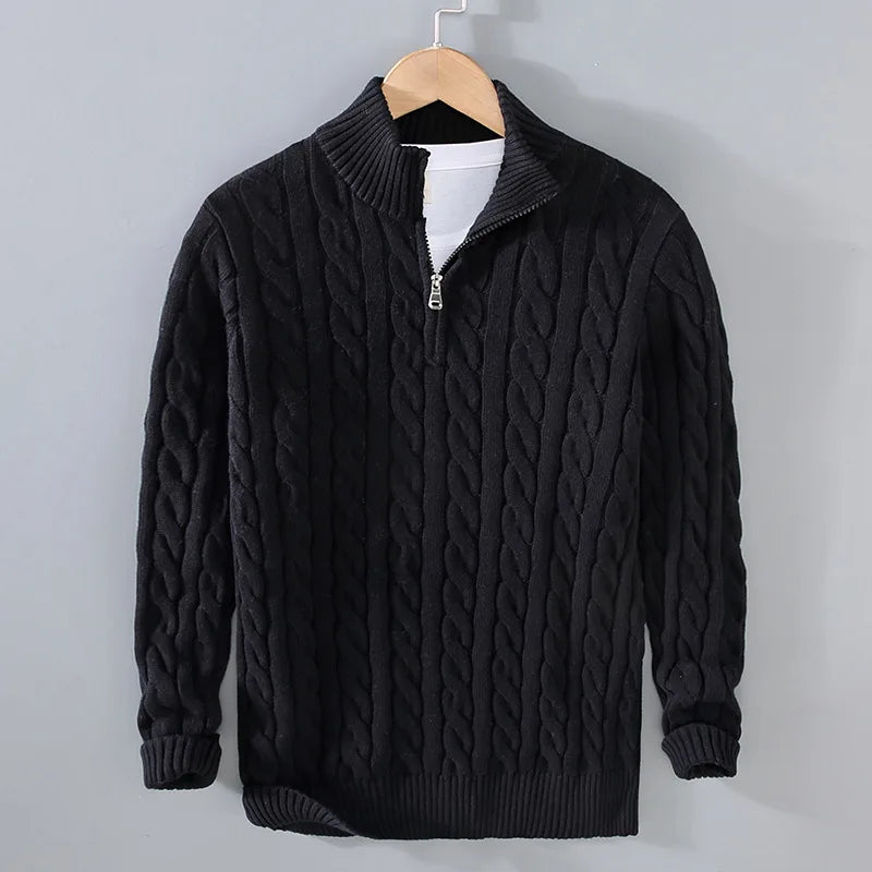 Men's cable knit half-zip sweater in black with ribbed stand collar