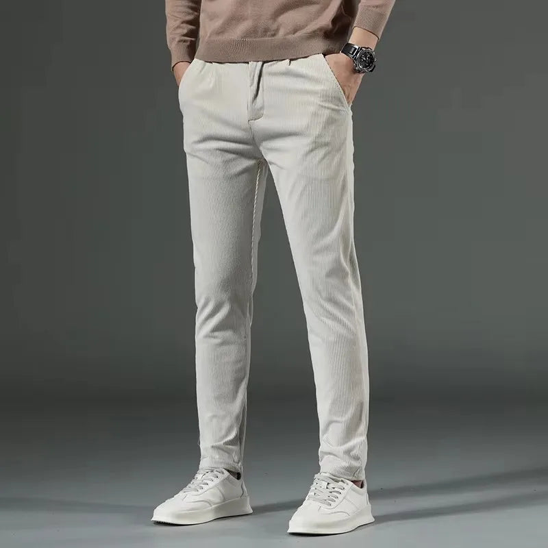 Men's slim-fit corduroy dress pants in cream, front view