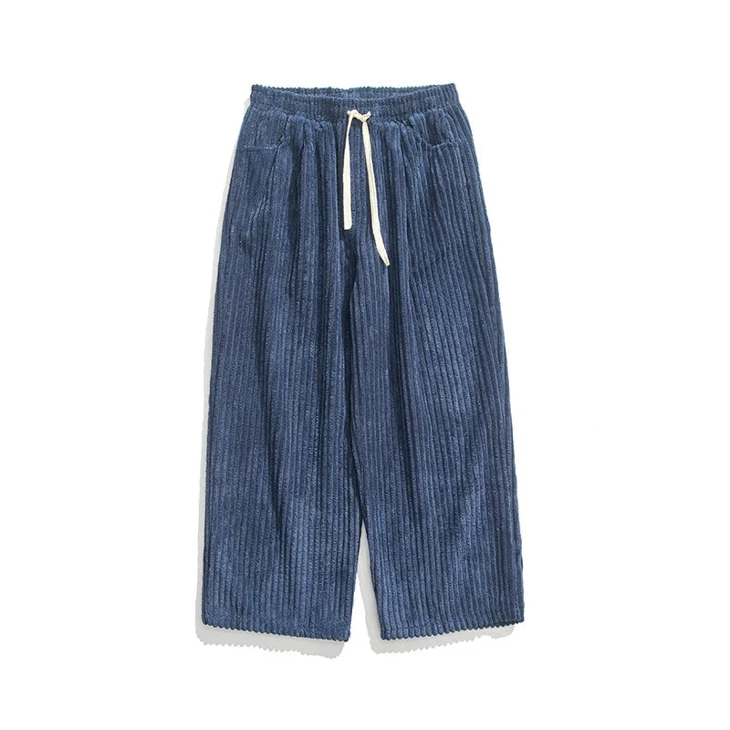 Men's ocean blue corduroy drawstring pants, flat product view