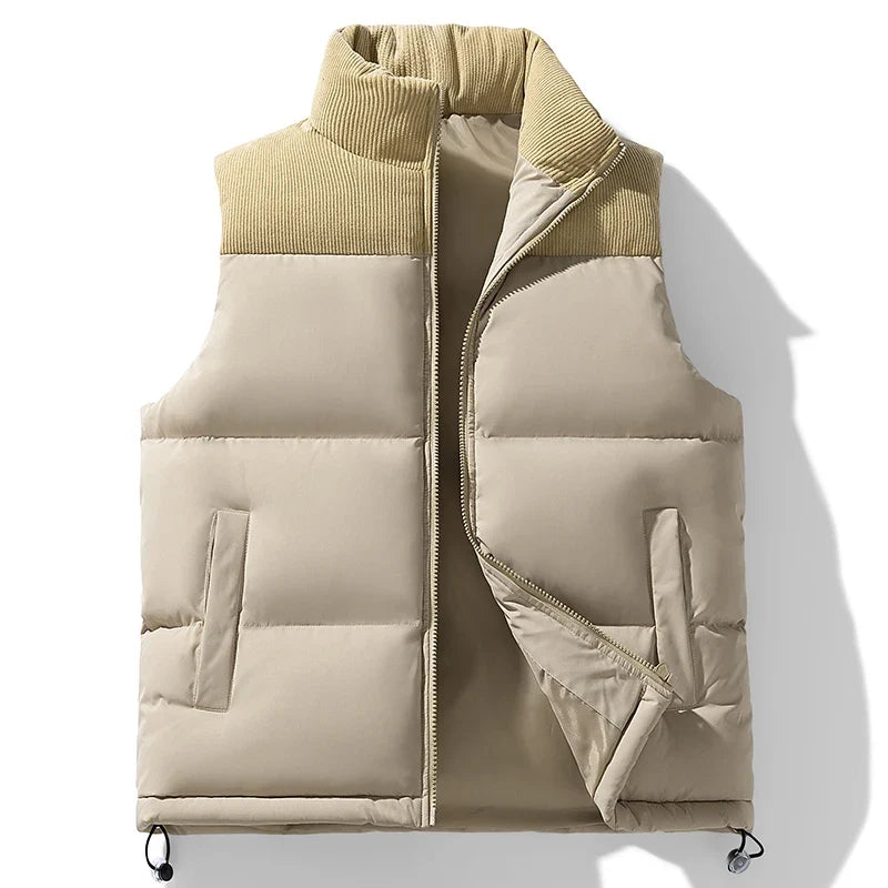 Men's quilted puffer vest in khaki with corduroy stand collar and welt pockets