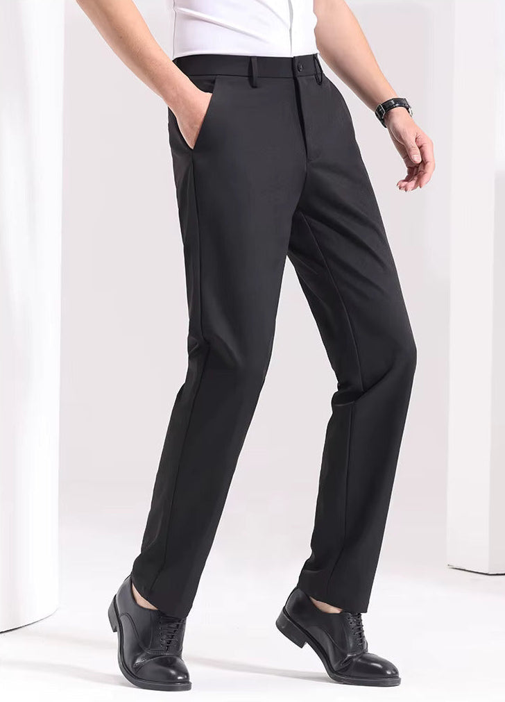 Side view of men's black slim-fit dress pants