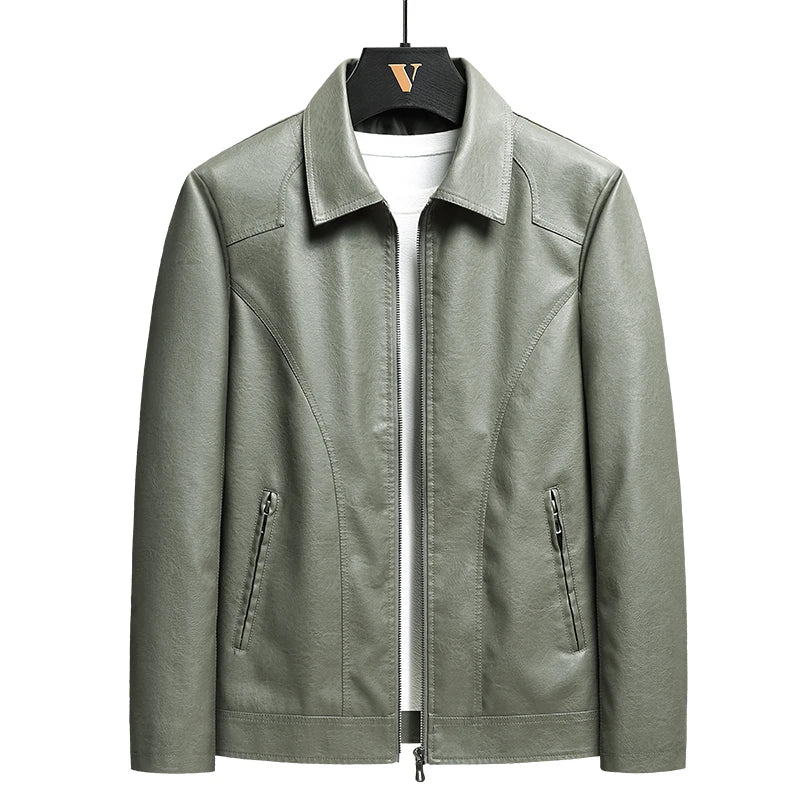 Men's sage green leather zip-up jacket with shirt collar and zip pockets
