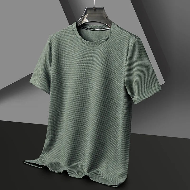 Men's Waffle Knit Crewneck T-Shirt with Short Sleeves in Green, front view on a hanger