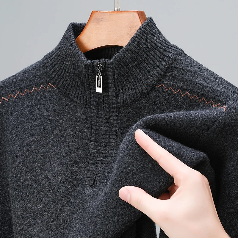 Men's Quarter-Zip Sweater with Ribbed Stand Collar in Gray, close-up of the collar