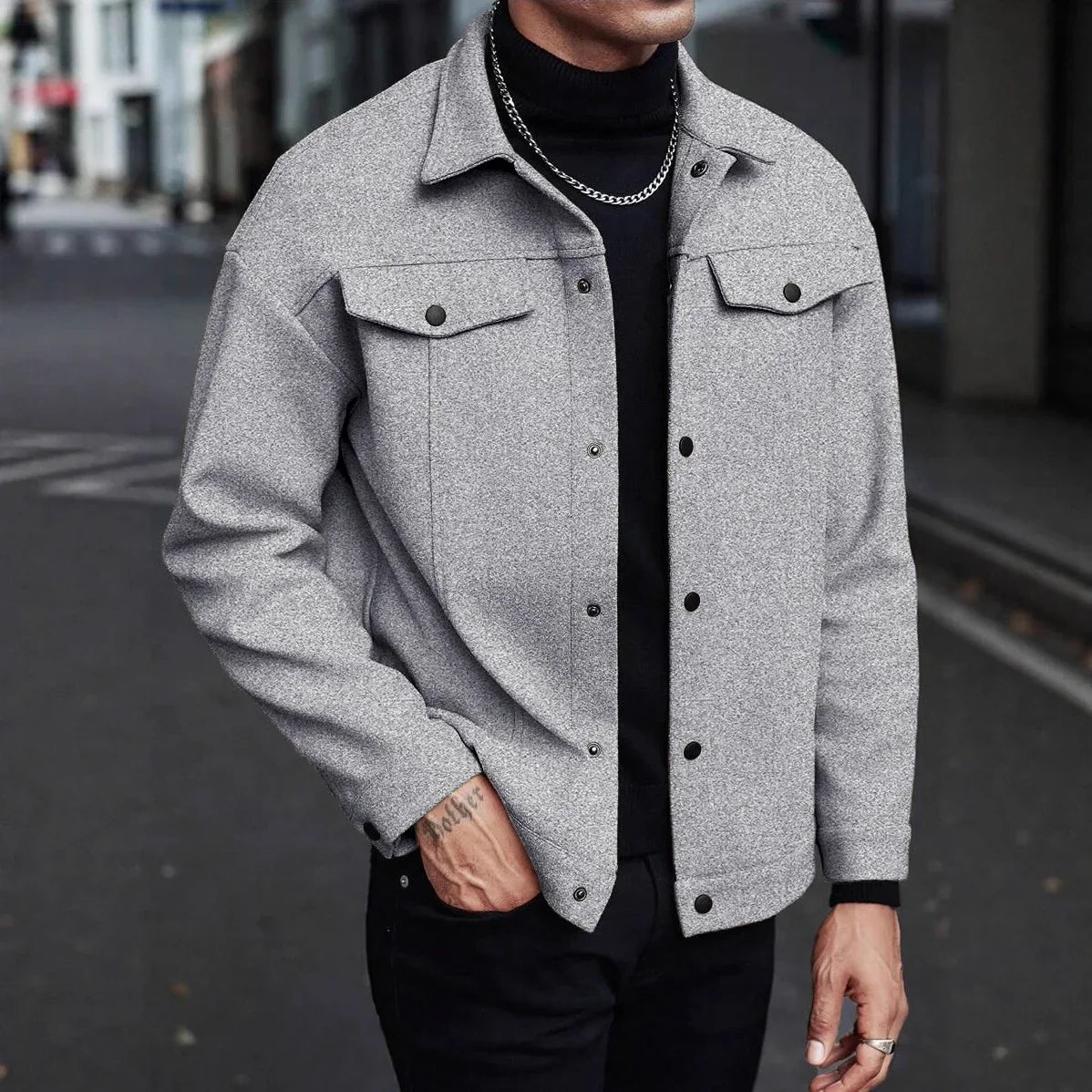 Men's gray button-up trucker jacket with chest flap pockets