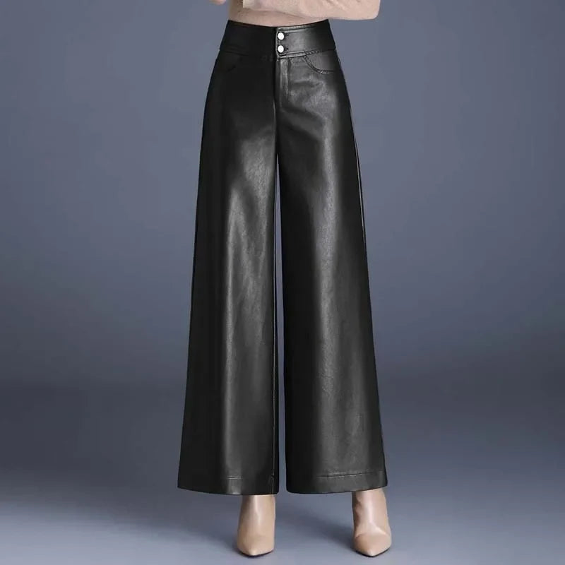 Women's high-rise cropped wide-leg leather-look pants in black