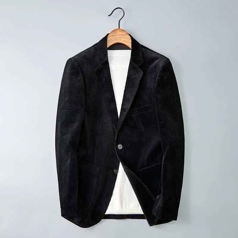Men's black corduroy blazer with two-button front and patch pockets