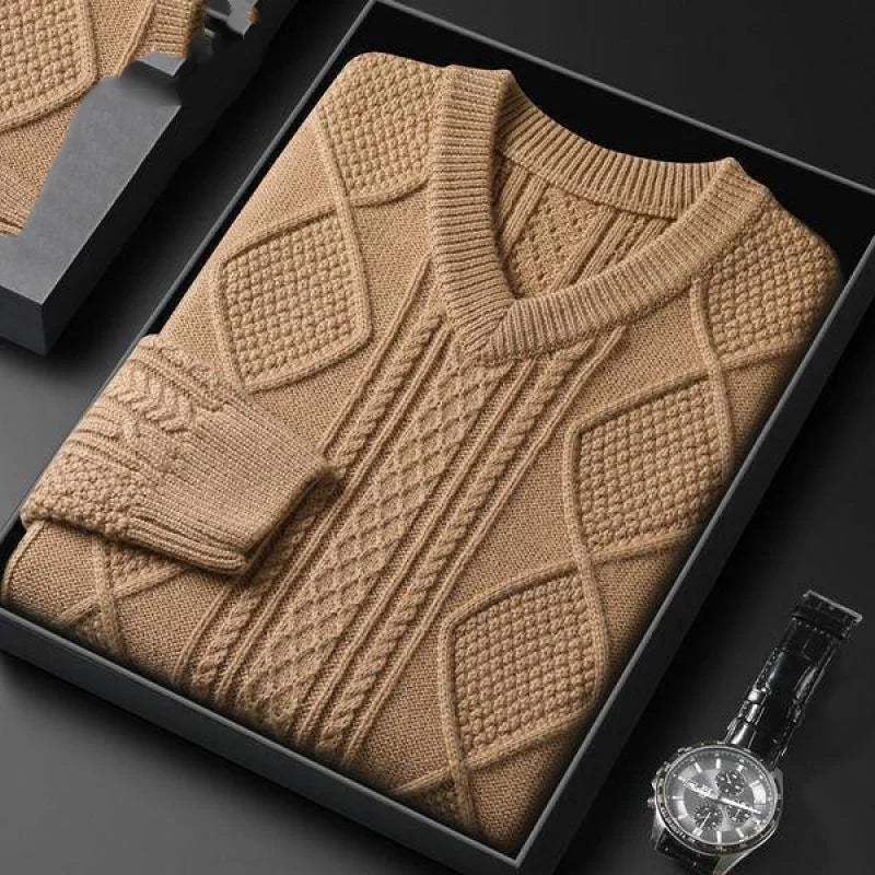 Men's Cable Knit V-Neck Sweater with Diamond Pattern, product view