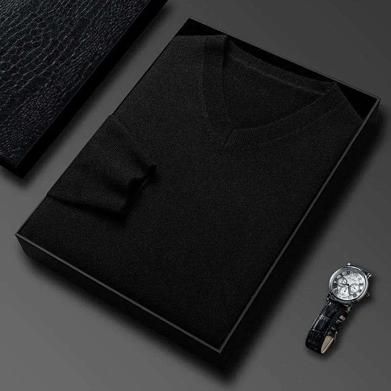 Men's Classic V-Neck Pullover Sweater with Ribbed Trim in Black, folded in a gift box
