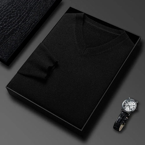 Men's Classic V-Neck Pullover Sweater with Ribbed Trim in Black, folded in a gift box