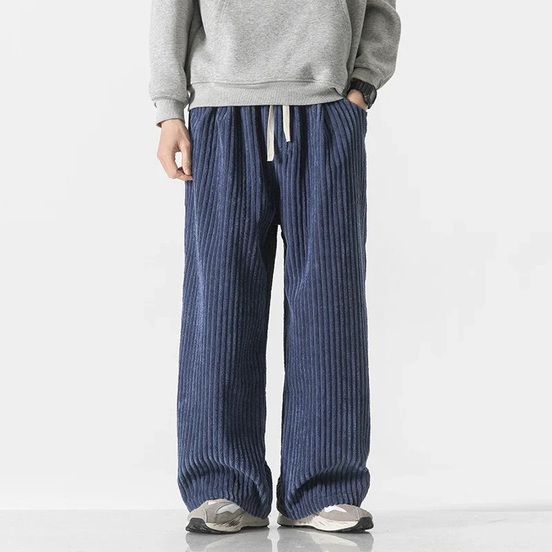 Men's relaxed wide-leg corduroy pants in ocean blue, front view