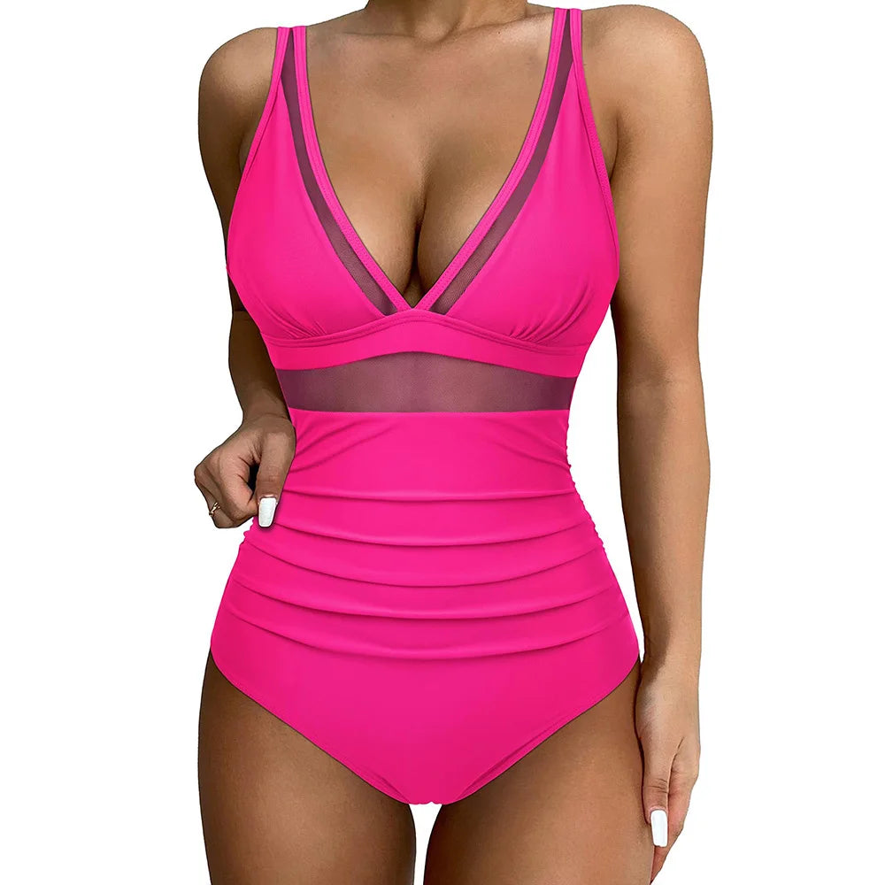 Women's One-Piece Swimsuit with V-Neck and Mesh Insert