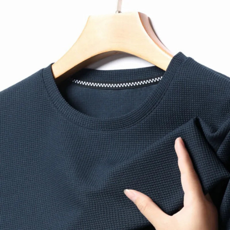 Men's Waffle Knit Crewneck T-Shirt with Short Sleeves in Navy, close-up of the waffle knit