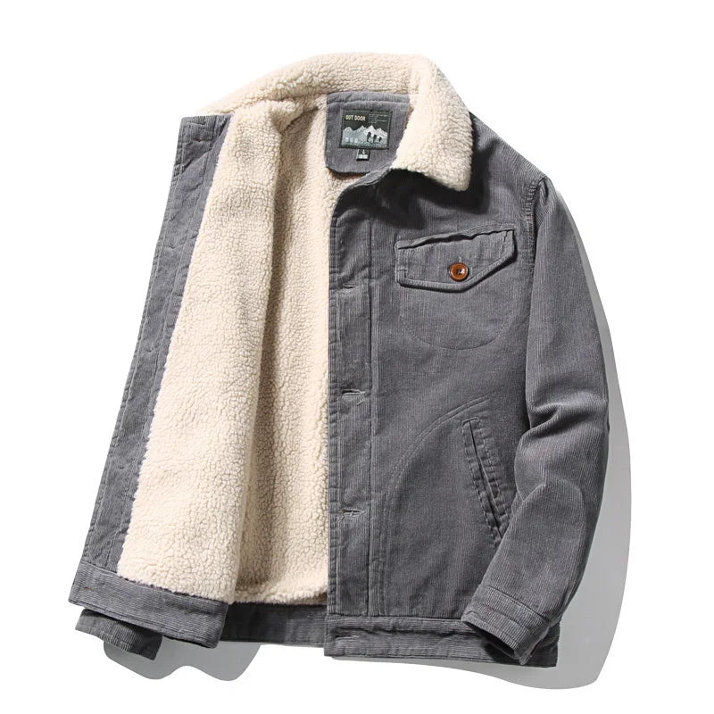 Men's gray corduroy jacket with sherpa collar and button-flap chest pocket