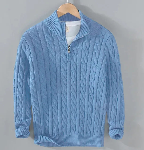 Men's cable knit half-zip sweater in light blue with ribbed stand collar