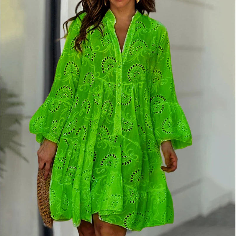 Women's Lace V-Neck Mini Dress with Embroidery for Summer