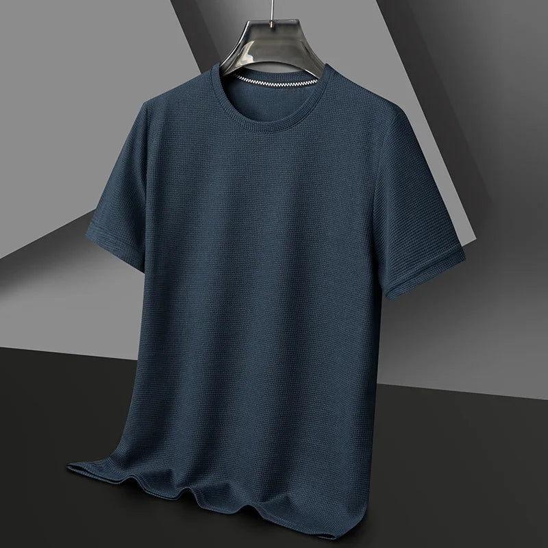 Men's Waffle Knit Crewneck T-Shirt with Short Sleeves in Navy, front view on a hanger
