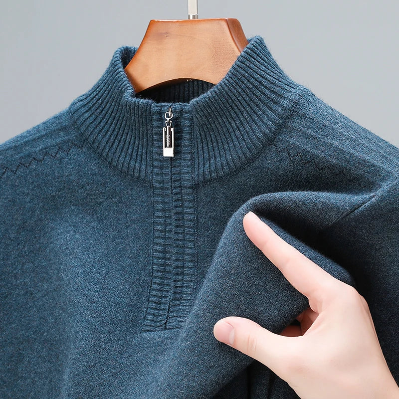 Men's Quarter-Zip Sweater with Ribbed Stand Collar in Blue, close-up of the zip placket